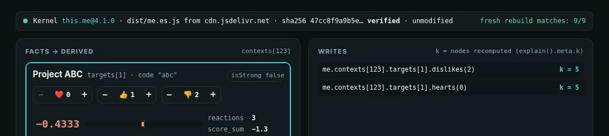 Affinity Model live demo: reactions, derived affinity_score, k and explain()