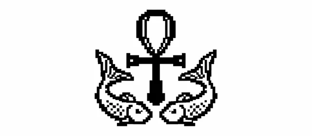 Pixel-art ankh between two fish