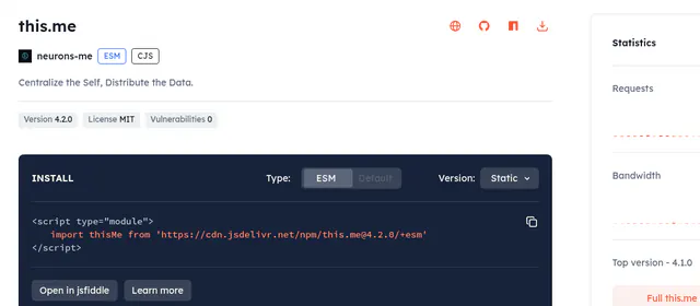 Screenshot of the this.me package page on jsDelivr