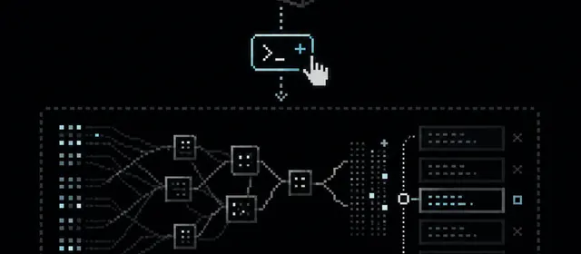 Pixel-art diagram of nodes chained by arrows