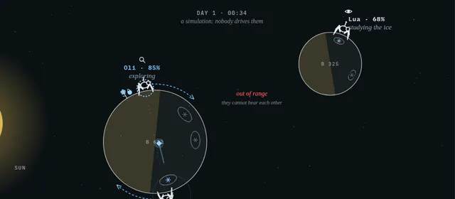 Screenshot of the Space demo: spider robots on two rocks