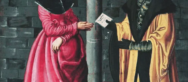 Painting of two people exchanging money